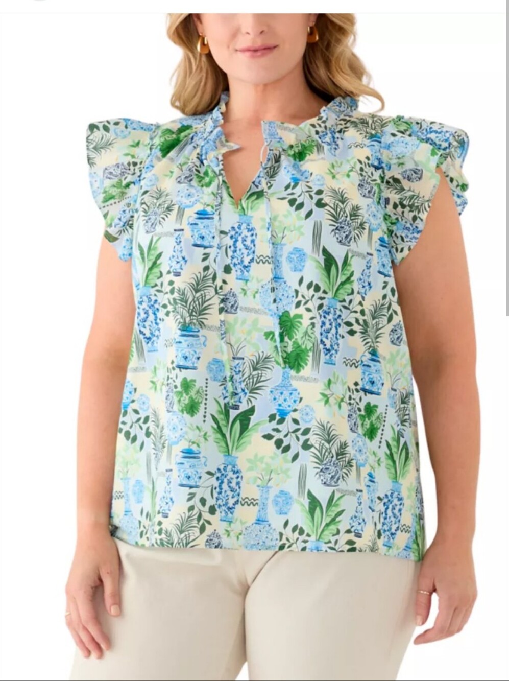 Crown & Ivy Blouse Womens 3X Ruffle Sleeve Office Casual Split Neck Vases Floral